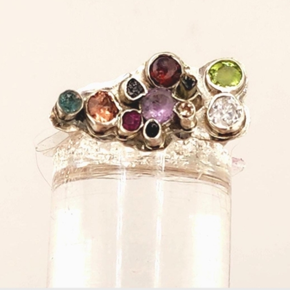 MULTISTONE CRYSTAL RING HANDMADE IN STERLING SILVER SIZE 5.5